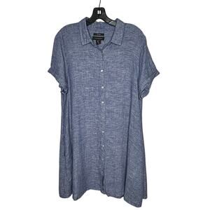 Tahari 100% Linen Blue Button Up Collared A Line Swing Short Sleeve Dress XL